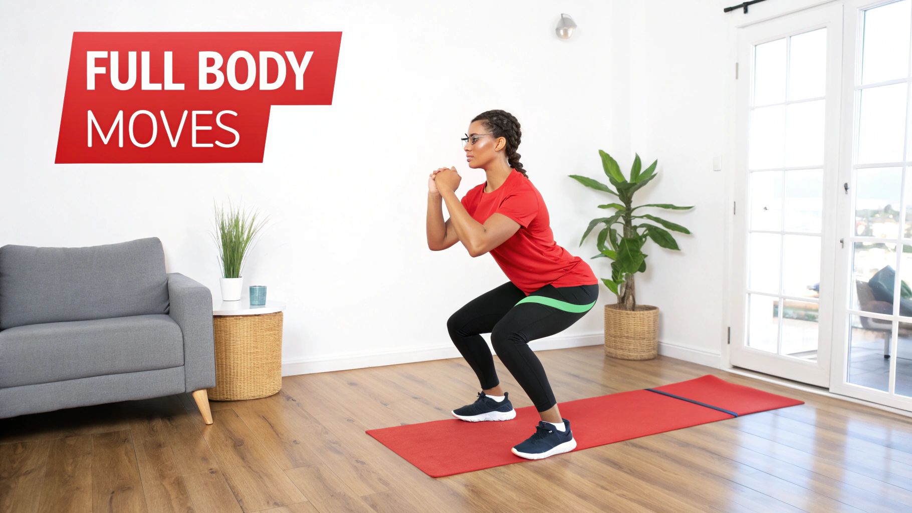 A woman with a resistance band performs a full-body squat exercise on a yoga mat indoors.