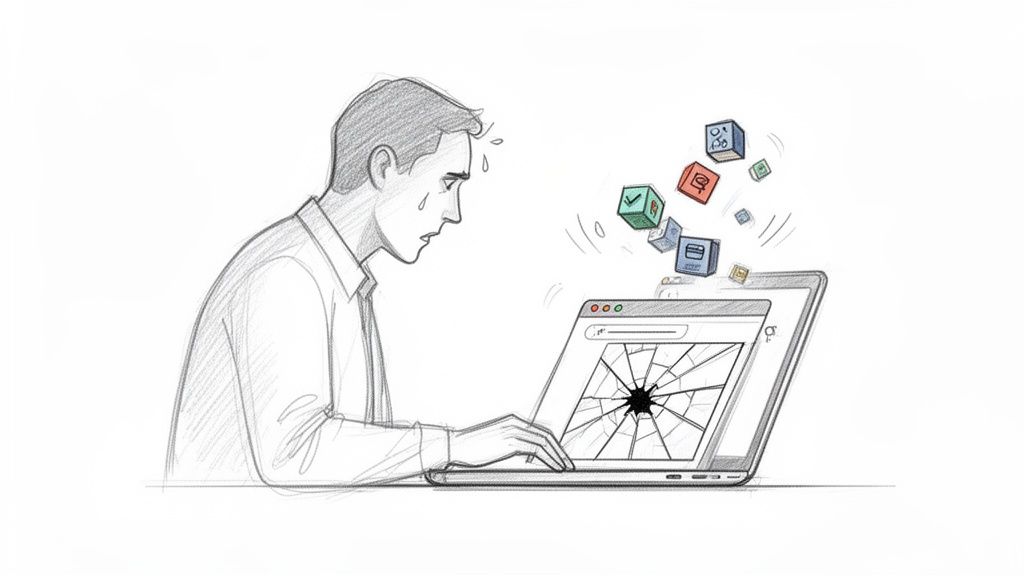 Distressed man looks at a laptop with a cracked screen, as digital icons fly out.