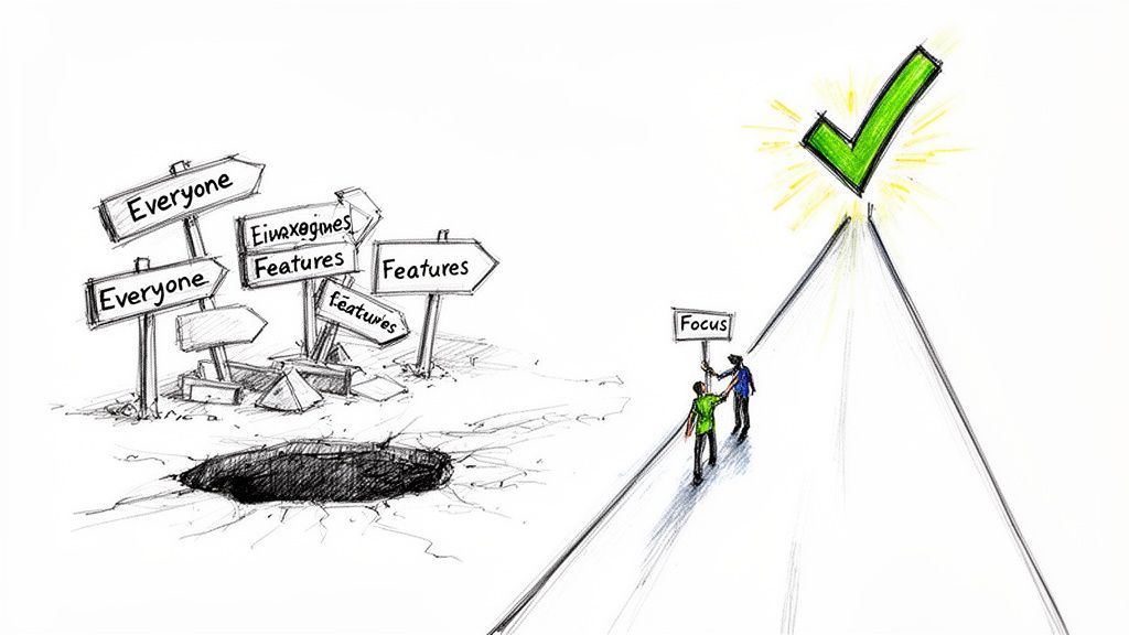 A visual metaphor showing two paths: one with confusing signs leading to a pit, and another with 'Focus' leading to a green checkmark of success.