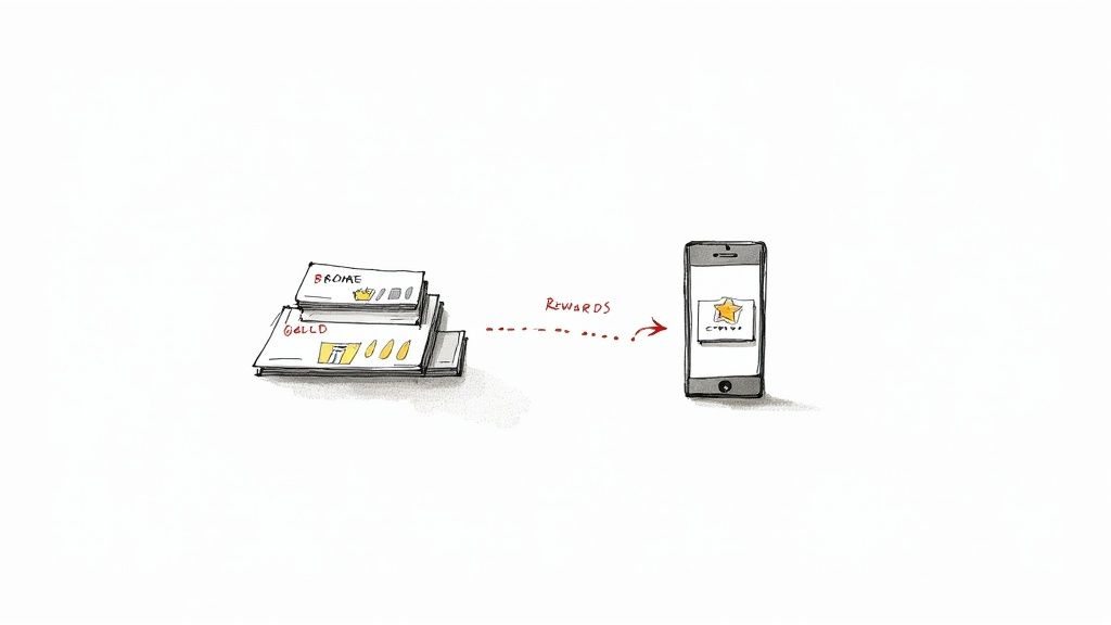 Hand-drawn illustration showing physical loyalty cards turning into digital rewards on a smartphone screen.