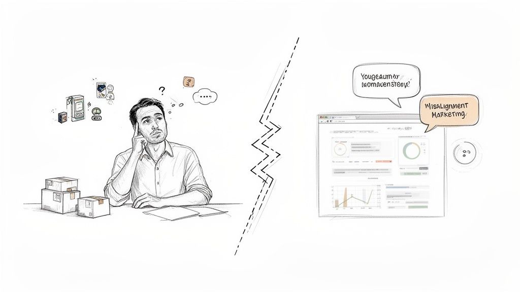 Man thinking about business ideas versus a data dashboard showing 'Misalignment Marketing'.