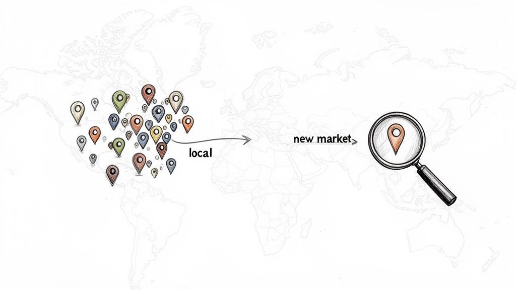 World map with location pins showing expansion from a local market to a new global market.