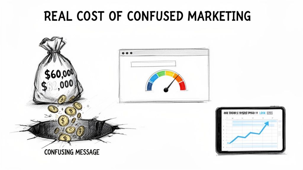 Illustration showing money lost into a hole due to confused marketing, impacting business performance negatively.