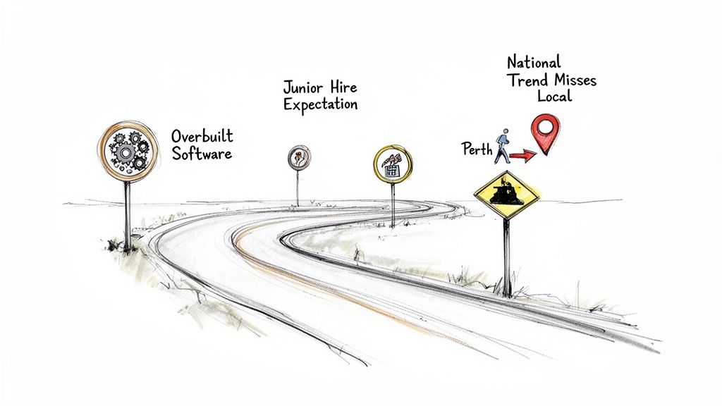 A winding road with four illustrative road signs, depicting challenges like overbuilt software, junior hire expectations, and national trends missing local specifics.