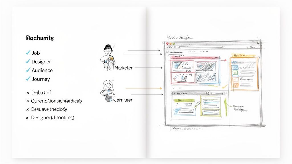 A whiteboard sketch showing marketer and user roles interacting with a web UI design.