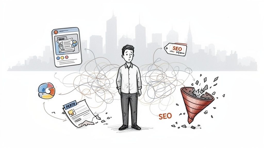 Worried man surrounded by fragmented SEO and online marketing elements, symbolizing business challenges.
