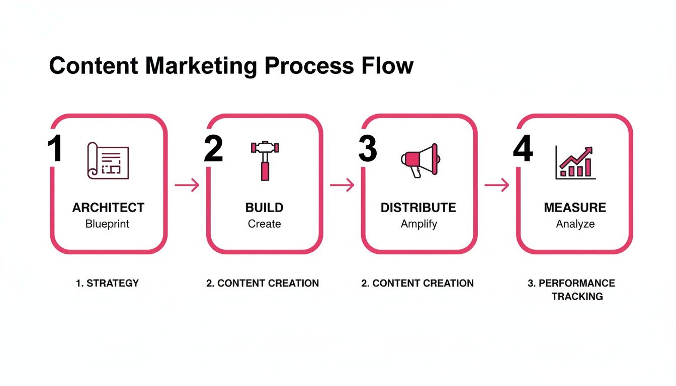 Content marketing process flow diagram showing four steps: Architect, Build, Distribute, and Measure.