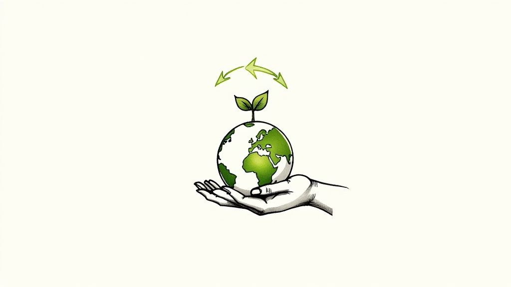A hand gently holds the green Earth with a plant sprout, symbolizing global environmental protection and sustainable growth.