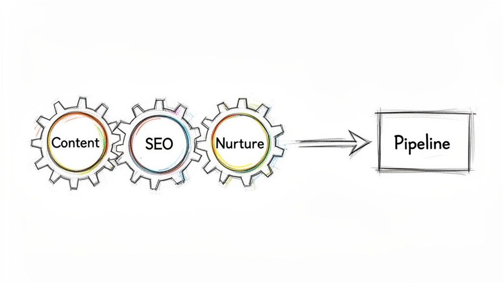 A marketing workflow diagram with interconnected gears for Content, SEO, Nurture, leading to a Pipeline.