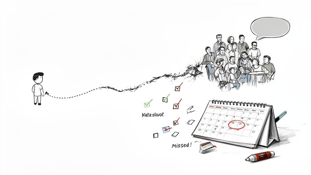 A cartoon person walks a dotted path towards a client group, surrounded by checkboxes and a calendar.