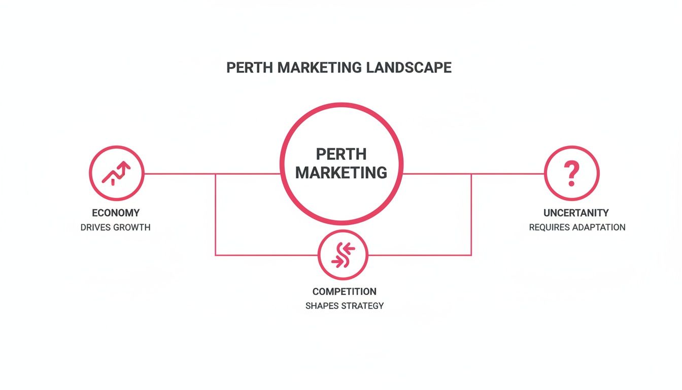 Diagram illustrating Perth's marketing landscape influenced by economy, competition, and uncertainty.