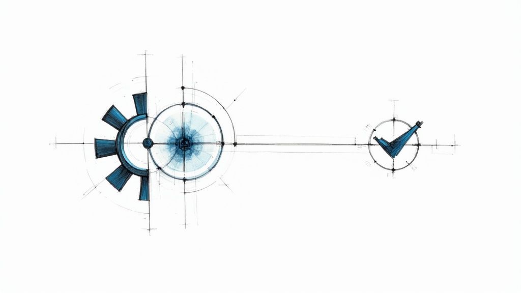 A blue and black technical drawing with a gear-like structure connected to a checkmark in a circle.