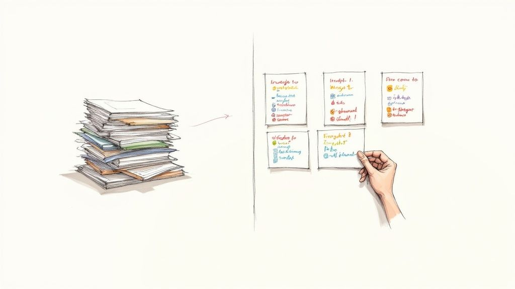 A stack of messy papers transforms into neatly organized sticky notes on a wall, with a hand placing a note.