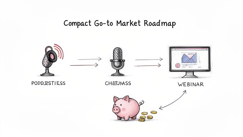 Hand-drawn go-to-market roadmap illustrating podcasts, chat, and webinars resulting in a piggy bank of money.