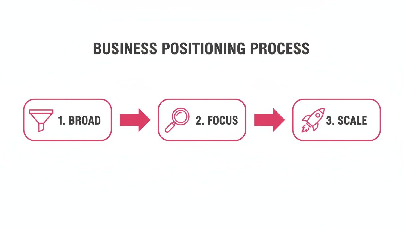 A three-step business positioning process flowchart showing Broad,Focus,and Scale steps with icons.