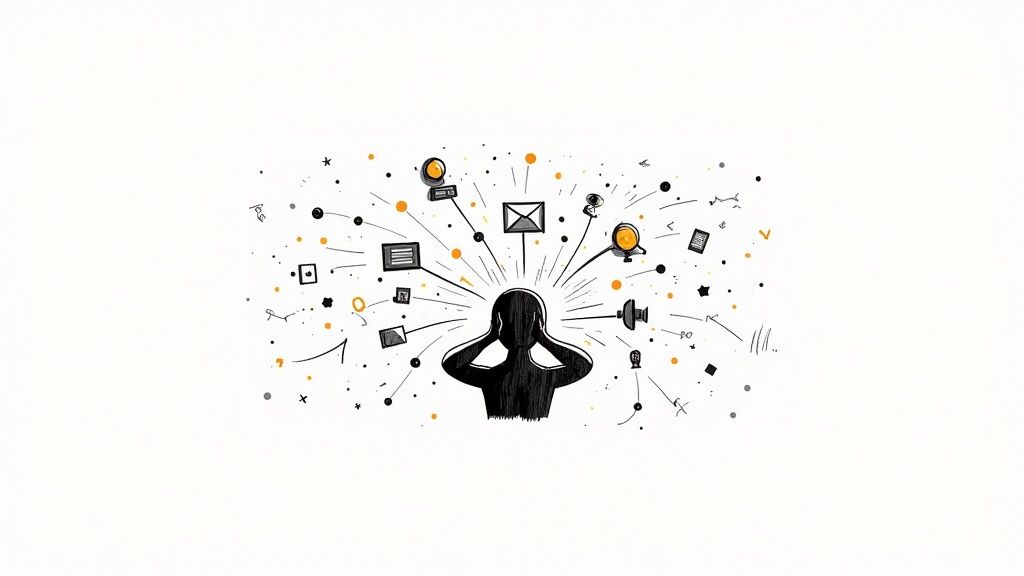 Illustration of a person overwhelmed by radiating icons representing digital communication and information overload.