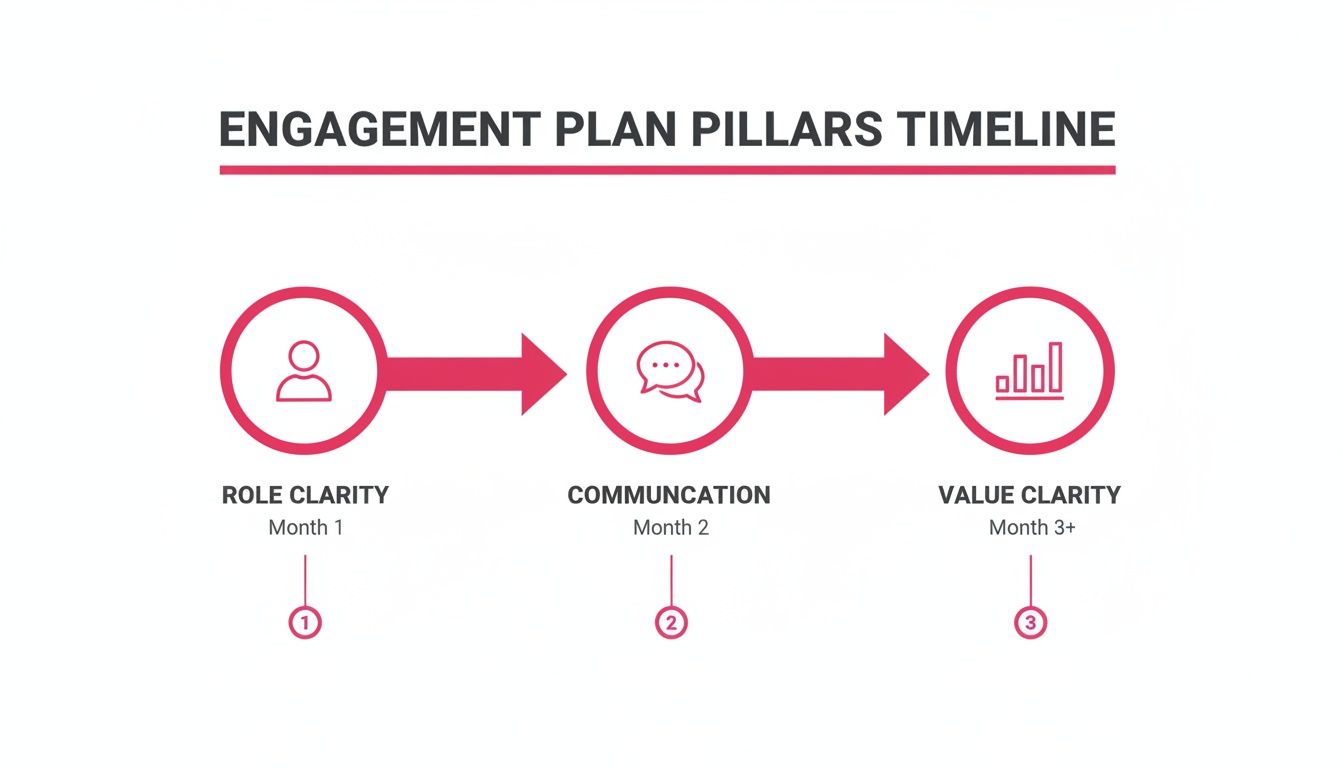 A timeline illustrating engagement plan pillars: Role Clarity, Communication, and Value Clarity over months.