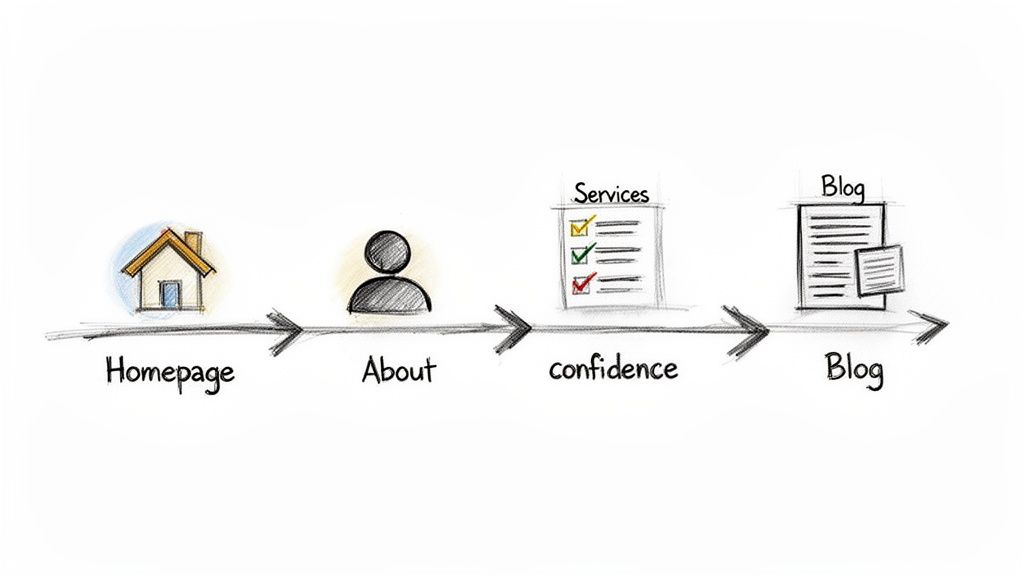 Hand-drawn sketch illustrating a user's website journey: Homepage, About, Services, and Blog pages.