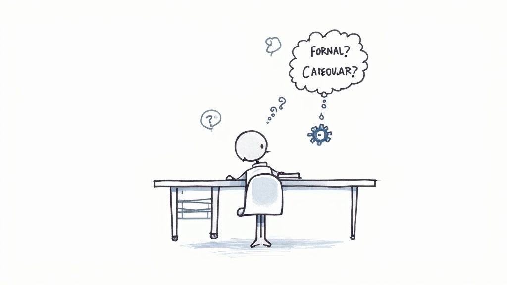A stick figure sits at a desk, deep in thought, with questions about 'FORNAL?' and 'CATEOU.AR?' and a cogwheel.