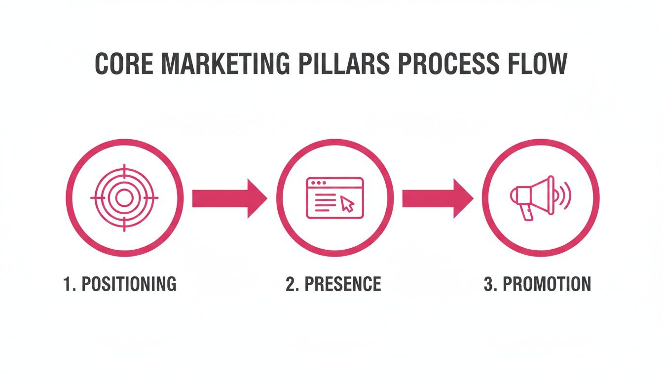 Core marketing pillars process flow diagram illustrating Positioning, Presence, and Promotion steps.