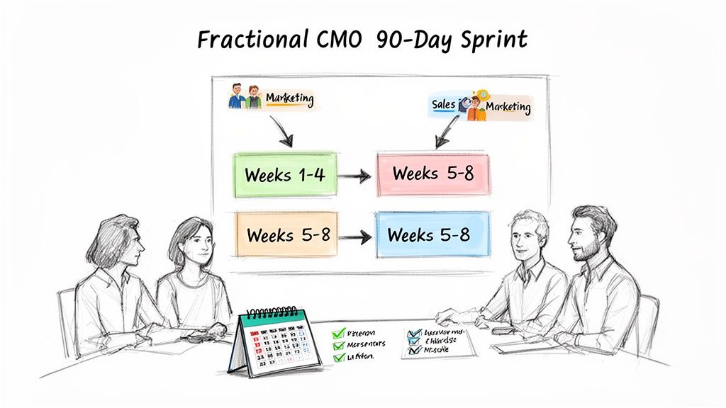 A team discusses a 'Fractional CMO 90-Day Sprint' diagram, showing marketing and sales timelines.