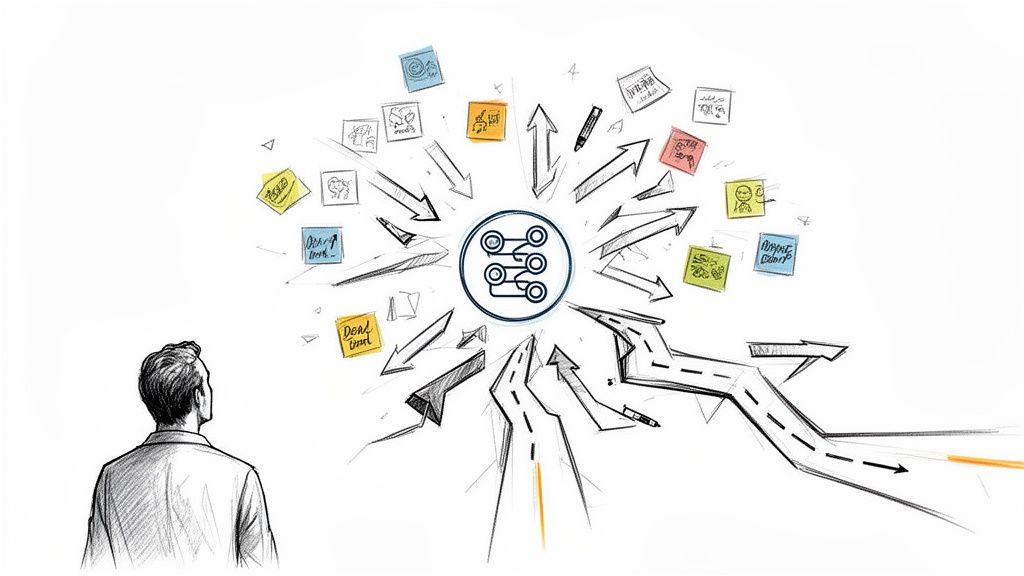 A man looks at a complex diagram featuring a central process icon, arrows, and sticky notes, symbolizing the need for strategic planning.