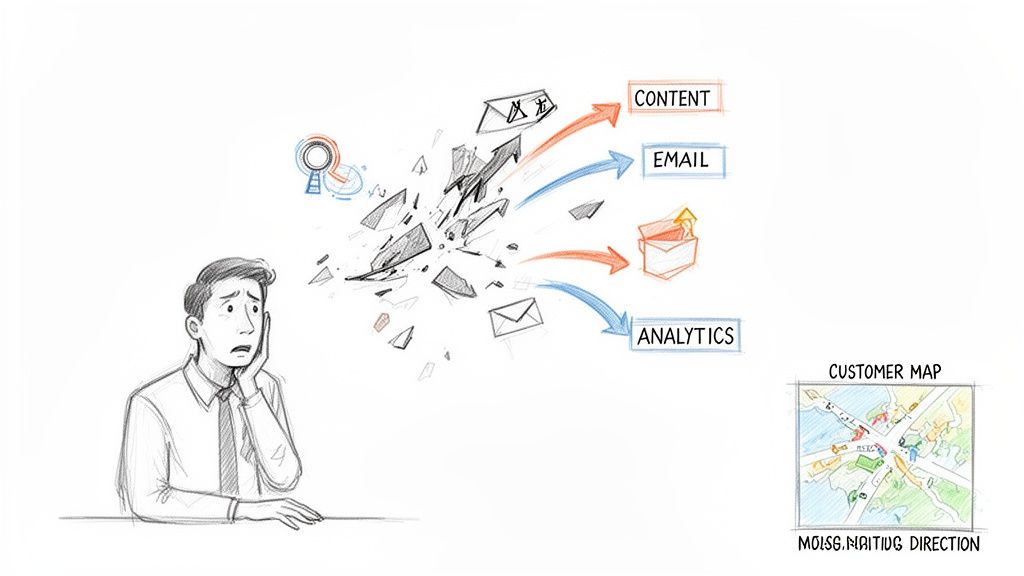 An overwhelmed man struggles with fragmented data flowing into content, email, and analytics, pointing to customer map challenges.