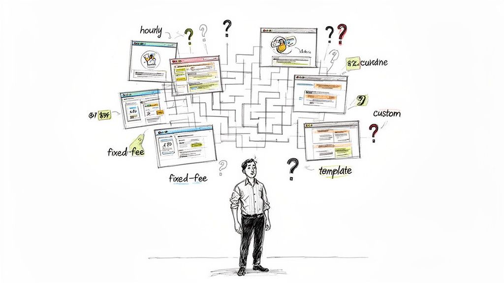 A man puzzled by various web design options and pricing models like hourly, fixed-fee, custom, and template.