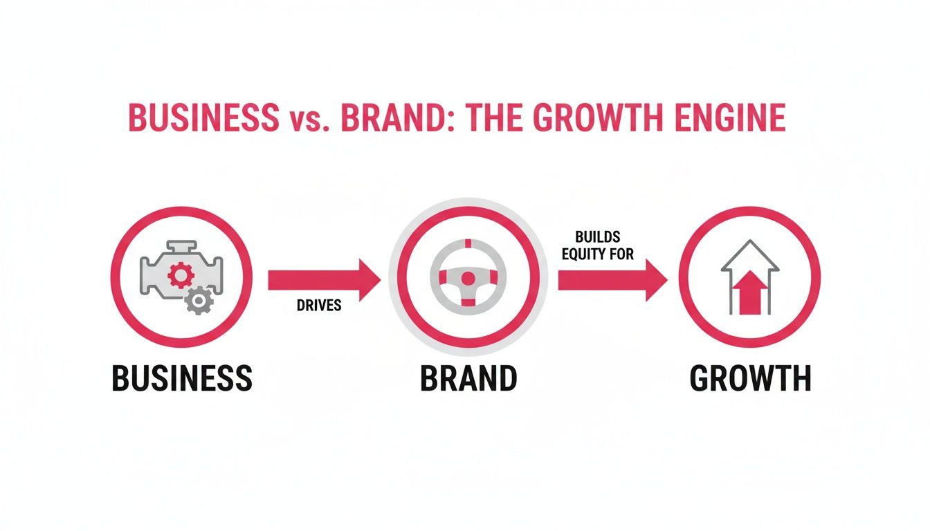 Diagram showing how business drives brand, which then builds equity for growth, titled 'The Growth Engine'.