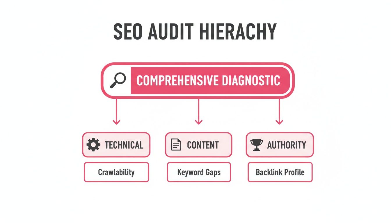 A hierarchy diagram illustrating the comprehensive diagnostic components of an SEO audit.