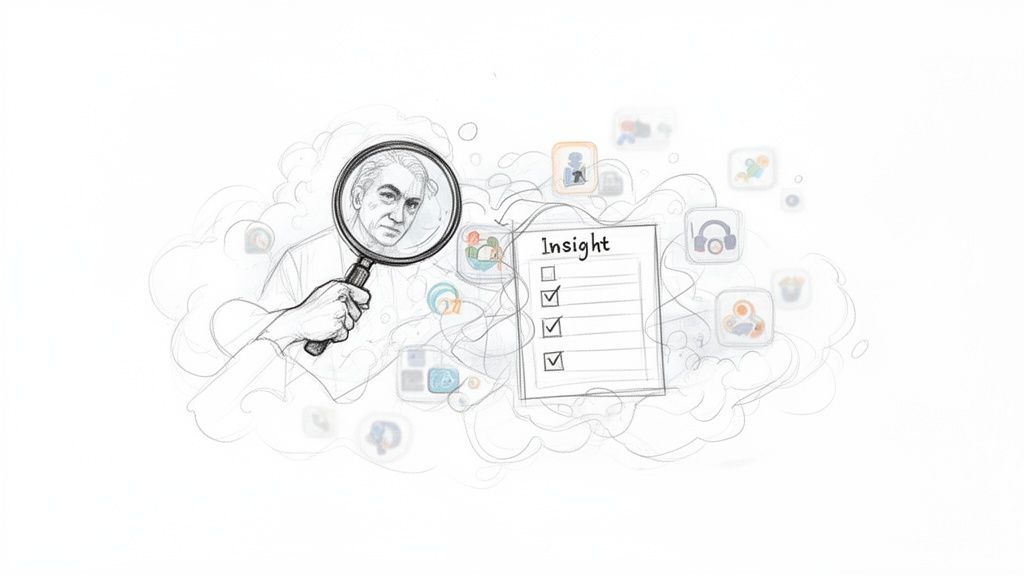 A hand holds a magnifying glass revealing a man's face, surrounded by app icons and an 'Insight' checklist.