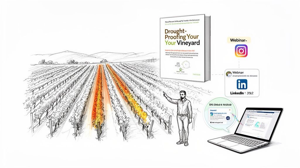 Illustration of a man pointing at a vineyard with highlighted rows, a book, webinars, and a laptop.