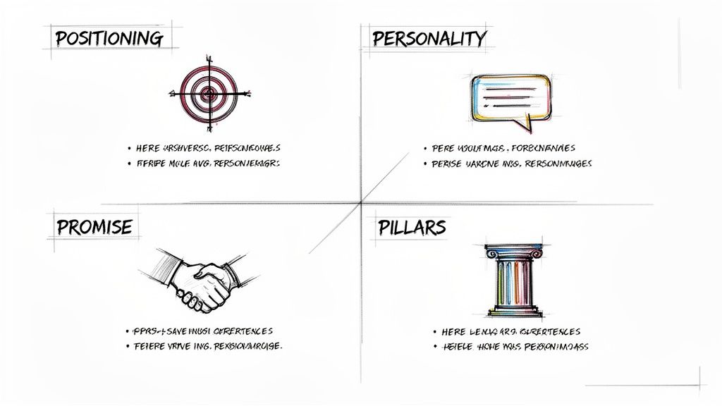 A brand strategy template diagram showing positioning, personality, promise, and pillars with icons.