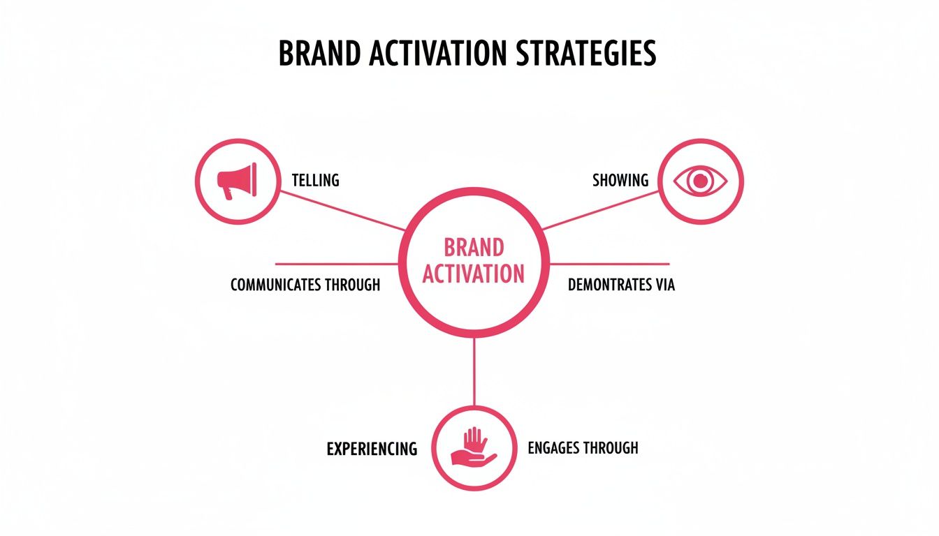 Diagram illustrating brand activation strategies through telling, showing, and experiencing methods.