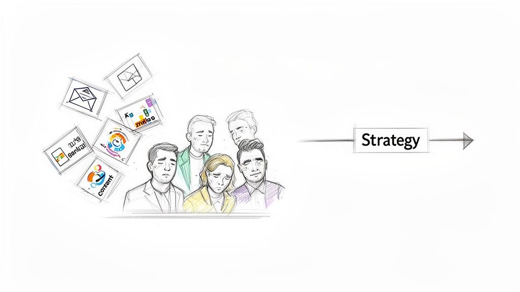 Five sad people overwhelmed by various digital marketing elements, contrasted with a clear 'Strategy' arrow.