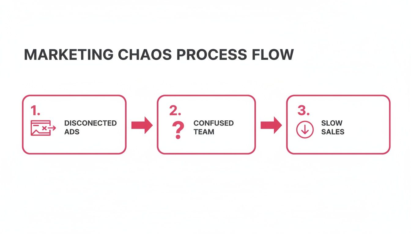 Infographic illustrating a marketing chaos process flow: disconnected ads, a confused team, leading to slow sales.