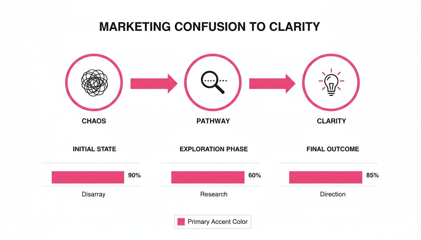 A marketing process diagram showing the journey from chaos to clarity through research and exploration.