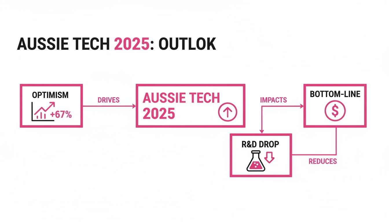 A flowchart titled 'Aussie Tech 2025: Outlook' detailing optimism, R&amp;D, and bottom-line impacts.