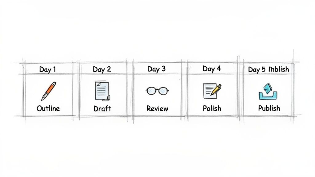 A 5-day content writing process diagram showing outline, draft, review, polish, and publish steps.