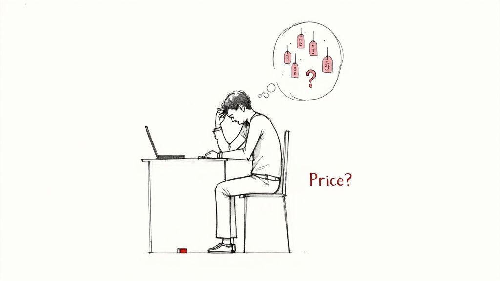 Sketch of a man at a laptop, pondering prices, with a thought bubble of price tags and a question mark.