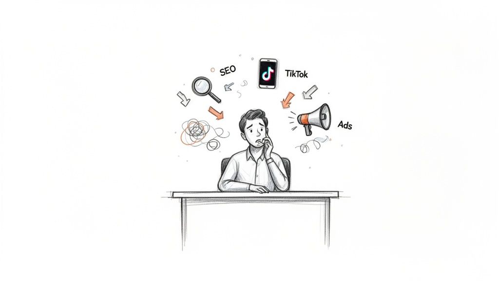Confused man at desk overwhelmed by digital marketing tasks: SEO, TikTok, and ads.