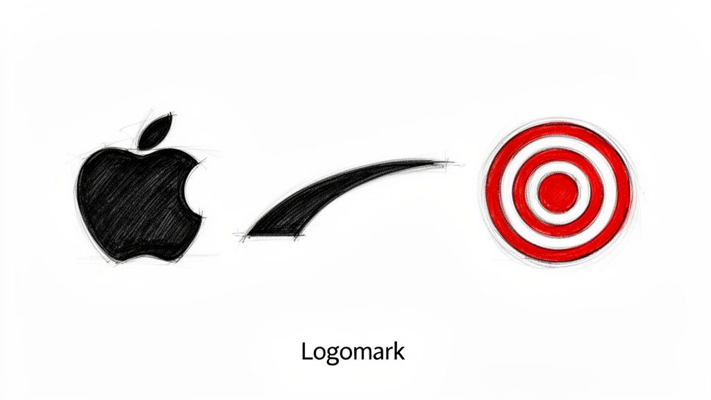 Hand-drawn sketches of popular brand logomarks: Apple, a curved swoosh, and Target's bullseye logo.