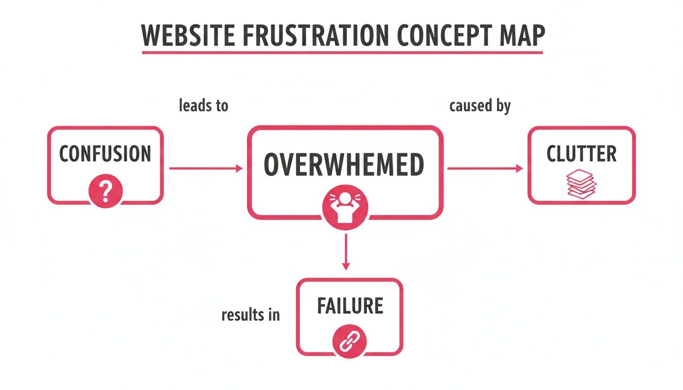 Concept map illustrating website frustration, showing how confusion and clutter lead to feeling overwhelmed, resulting in failure.