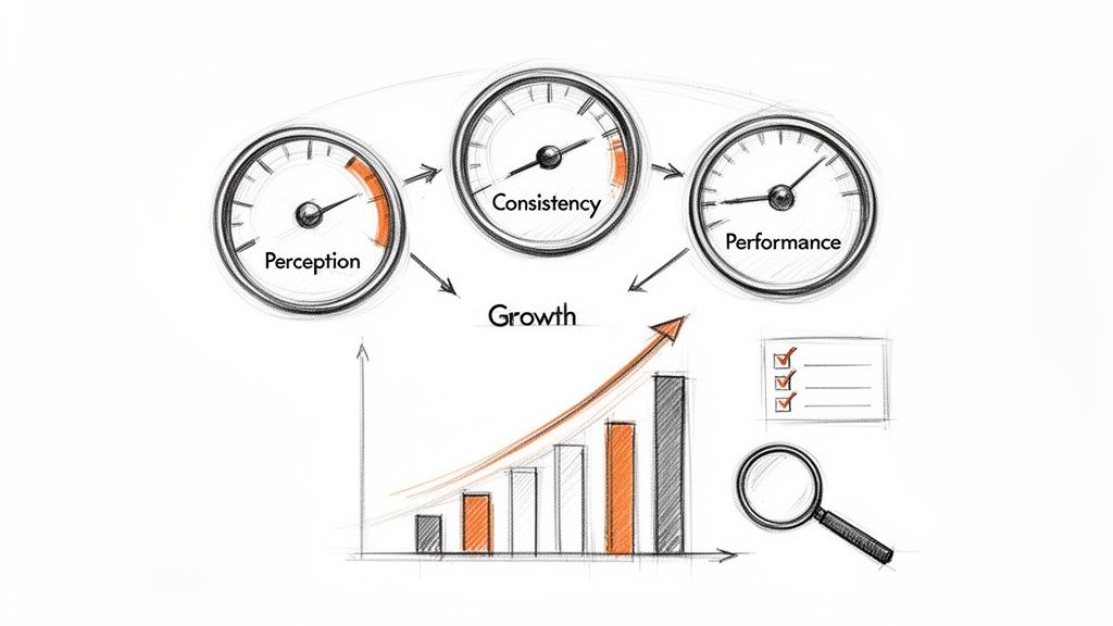 Sketch diagram showing business growth driven by perception, consistency, and performance metrics, with an upward trend chart.