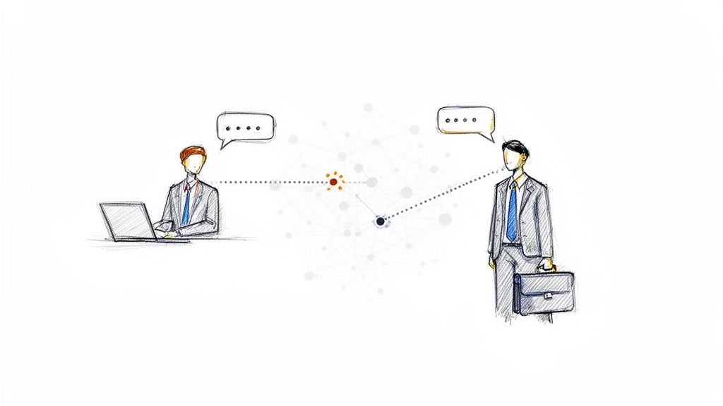 Illustration of two business individuals communicating virtually through a data network.