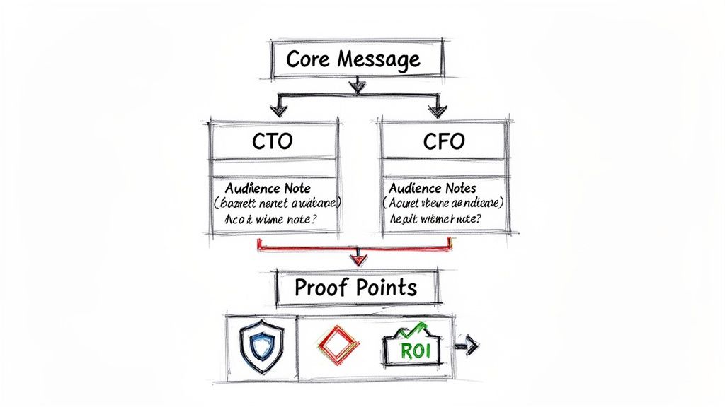 Flowchart illustrating a core message, audience notes for CTO and CFO, leading to proof points including security and ROI.
