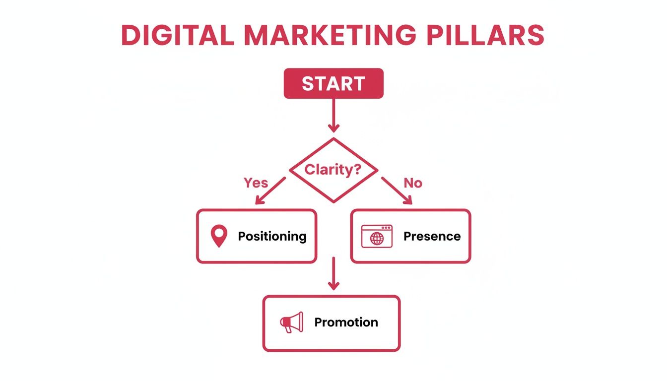 Flowchart illustrating digital marketing pillars, starting with clarity leading to positioning or presence, then promotion.