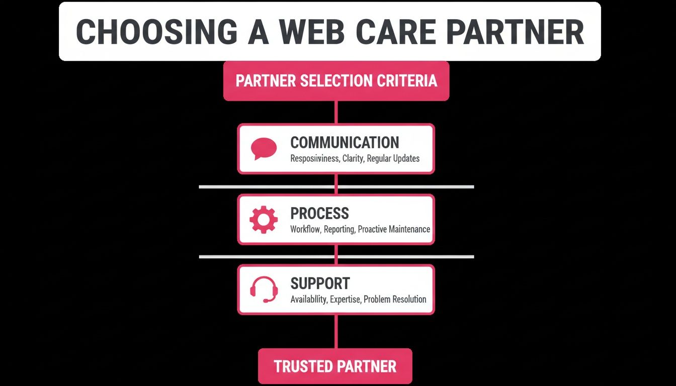 Flowchart detailing partner selection criteria for web care, focusing on communication, process, and support.
