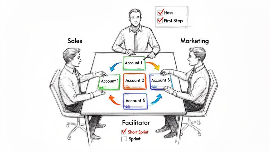 A facilitator, sales, and marketing team collaborate around a table, moving account cards in a circular flow.
