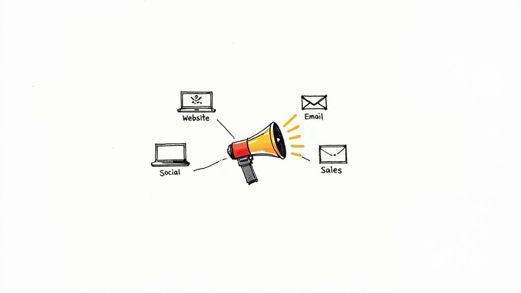 A megaphone broadcasts to a website, social media, email, and sales icons, illustrating communication channels.